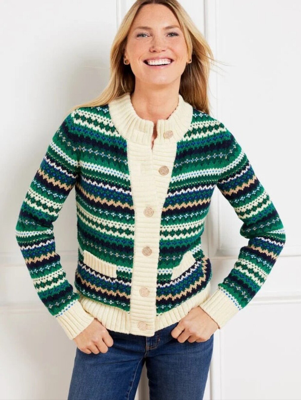 Talbots Metallic Mockneck Sweater Jacket Cadet Fair Isle Sz 2x